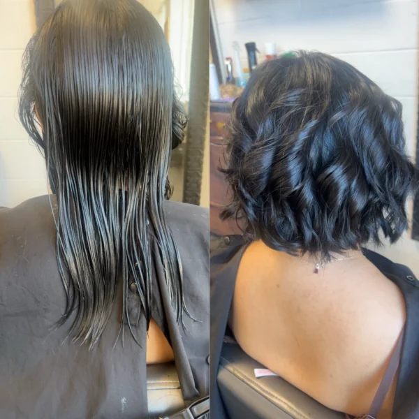 Before and after of long dark hair cut into a short, textured curly bob at Chair'istry Salon in Wichita, KS