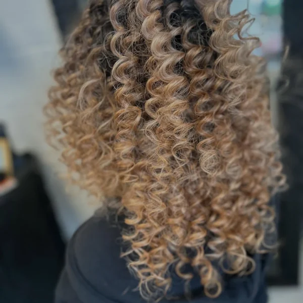 Tight spiral curls blending from dark roots into golden blonde ends, created at Chair'istry Salon in Wichita