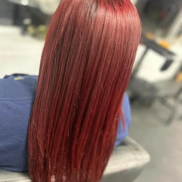Long, sleek straight hair in a rich red color, finished with a glossy blowout at Chair'istry Salon
